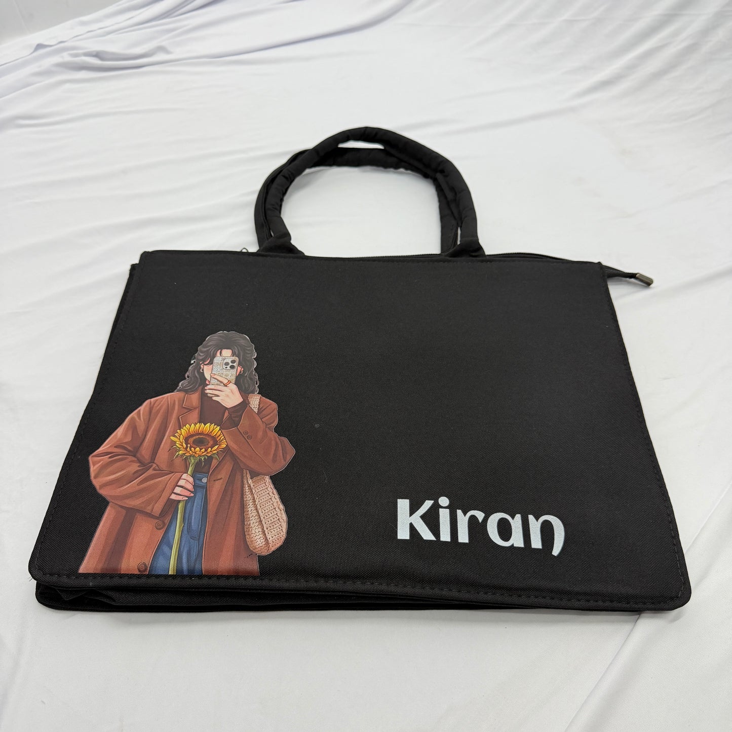 Personalized Black Tote Bag with Custom Name&Girl Illustration