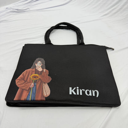 Personalized Black Tote Bag with Custom Name&Girl Illustration