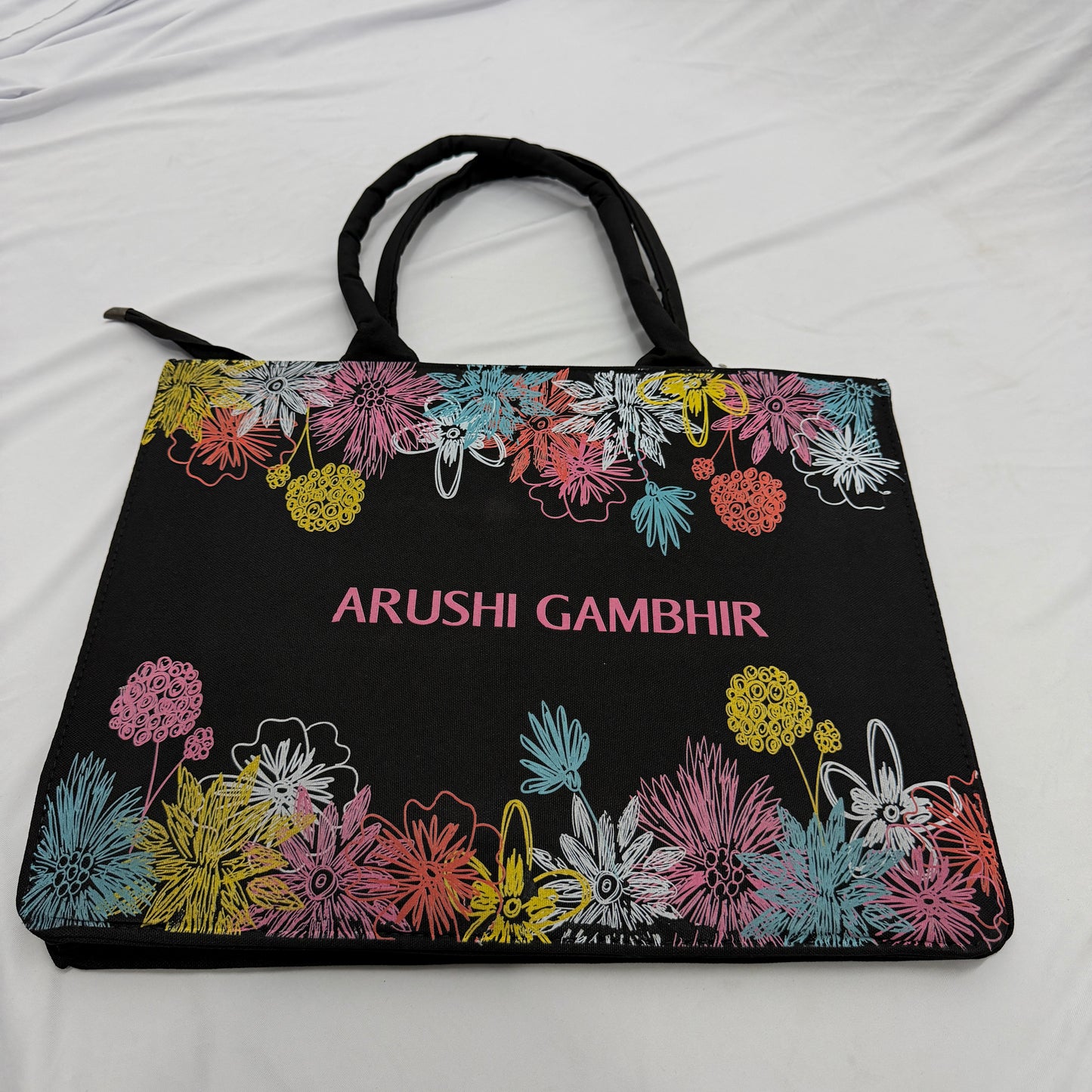 Personalized Floral Black Tote Bag – Custom Name Gift for Women