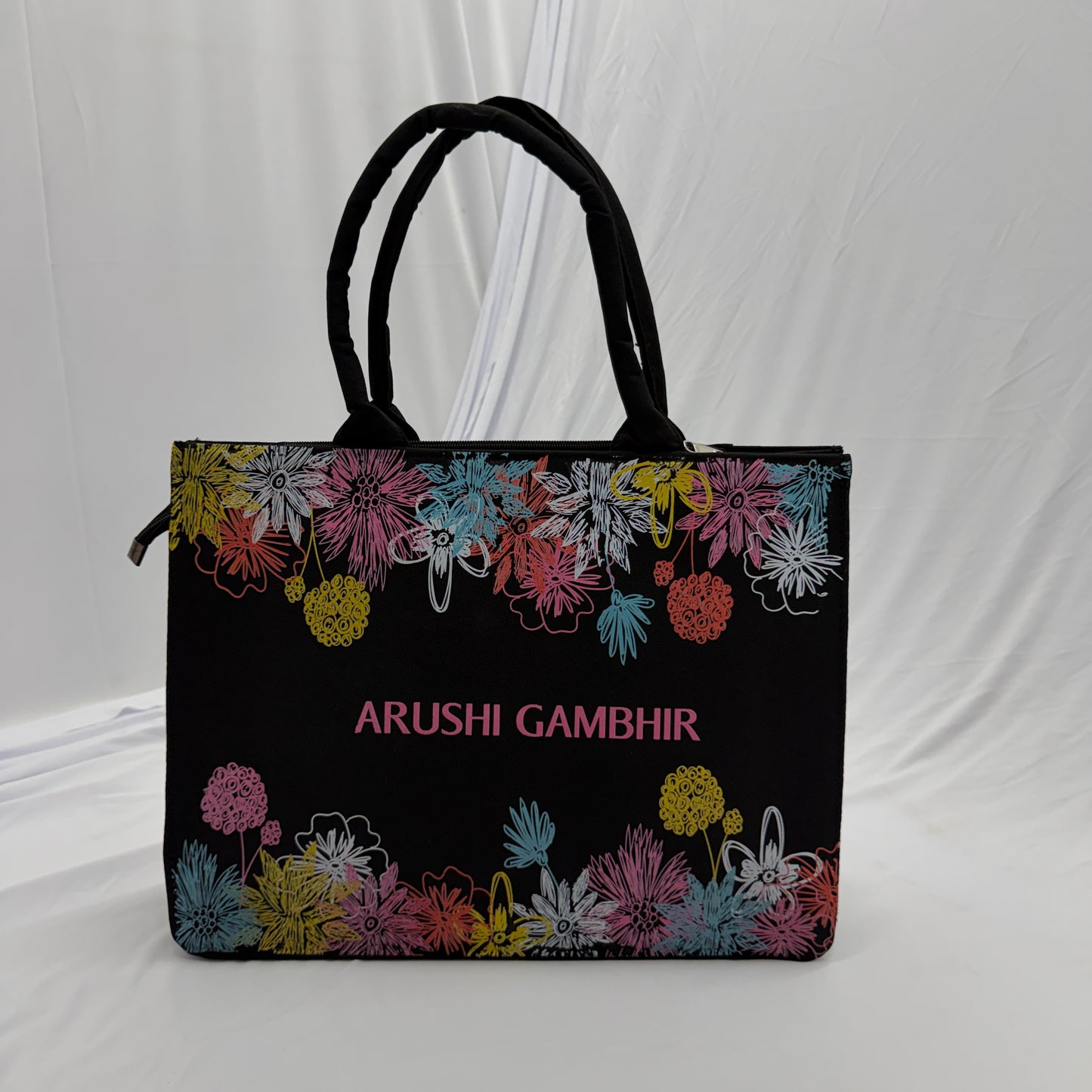 Personalized Floral Black Tote Bag – Custom Name Gift for Women