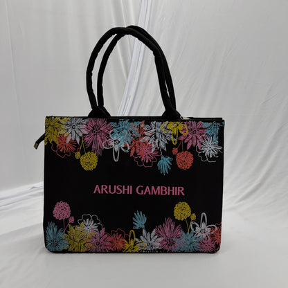 Personalized Floral Black Tote Bag – Custom Name Gift for Women