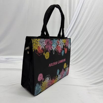 Personalized Floral Black Tote Bag – Custom Name Gift for Women
