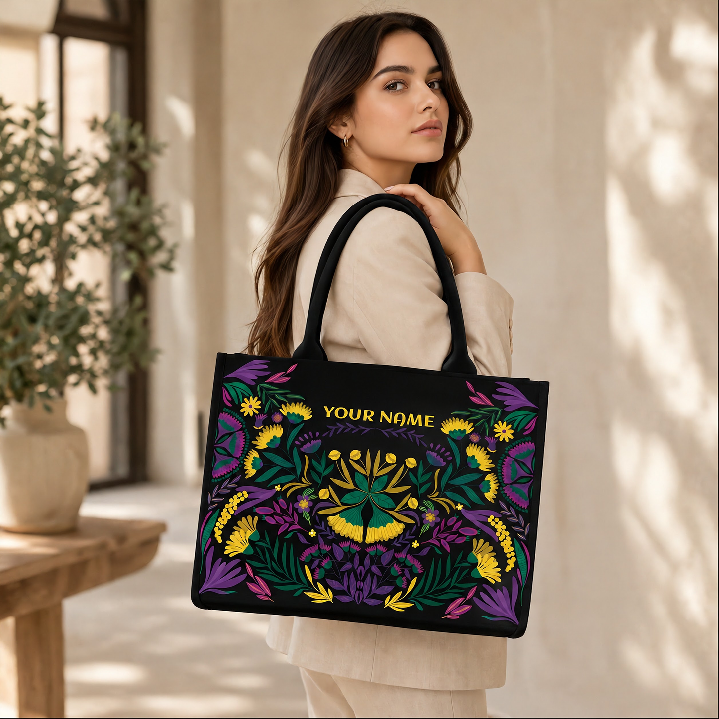 Personalized Black Folk Art Floral Tote Bag – Custom Name Canvas Handbag