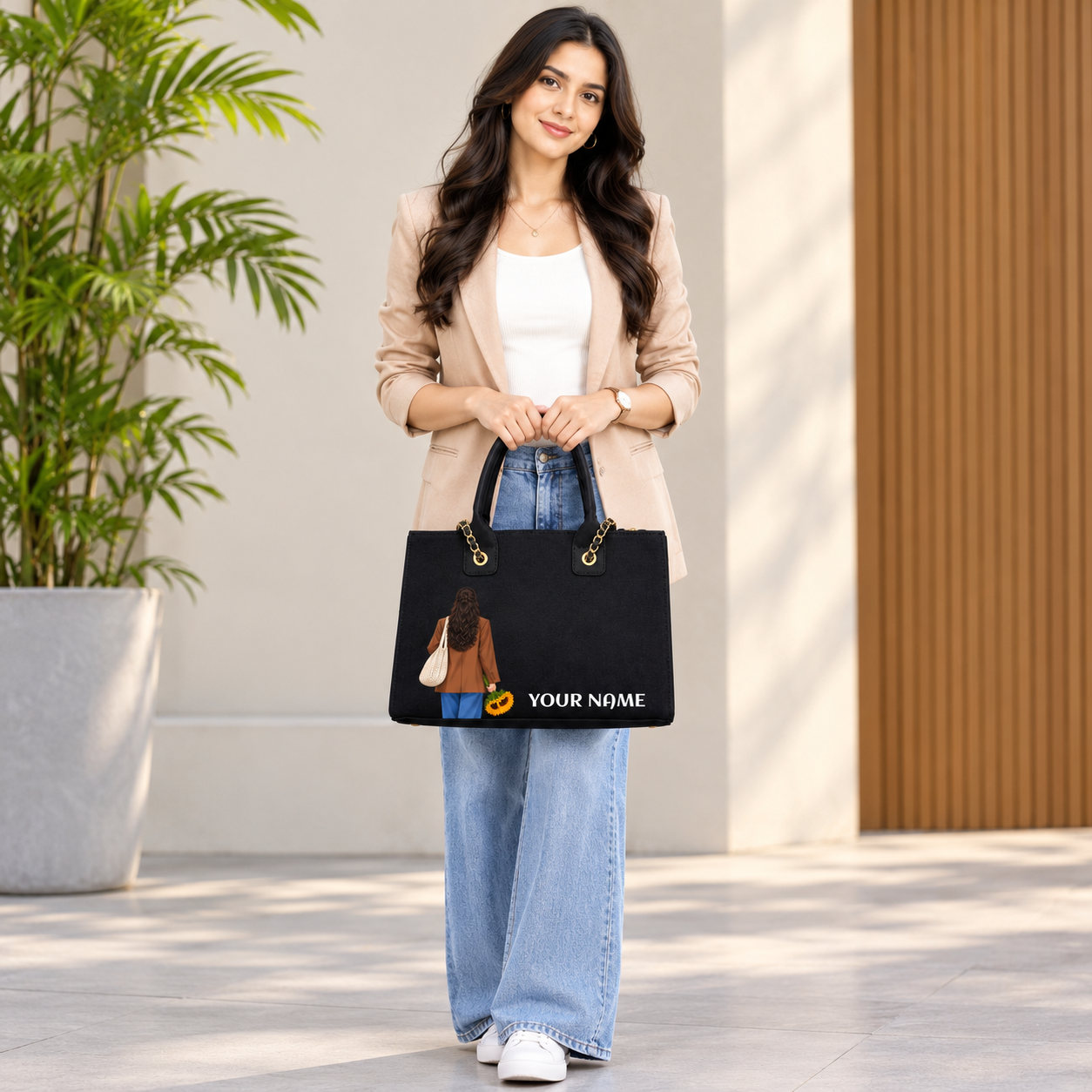IN VALTRO – Personalized Black Laptop Tote Bag with Gold Chain Handles