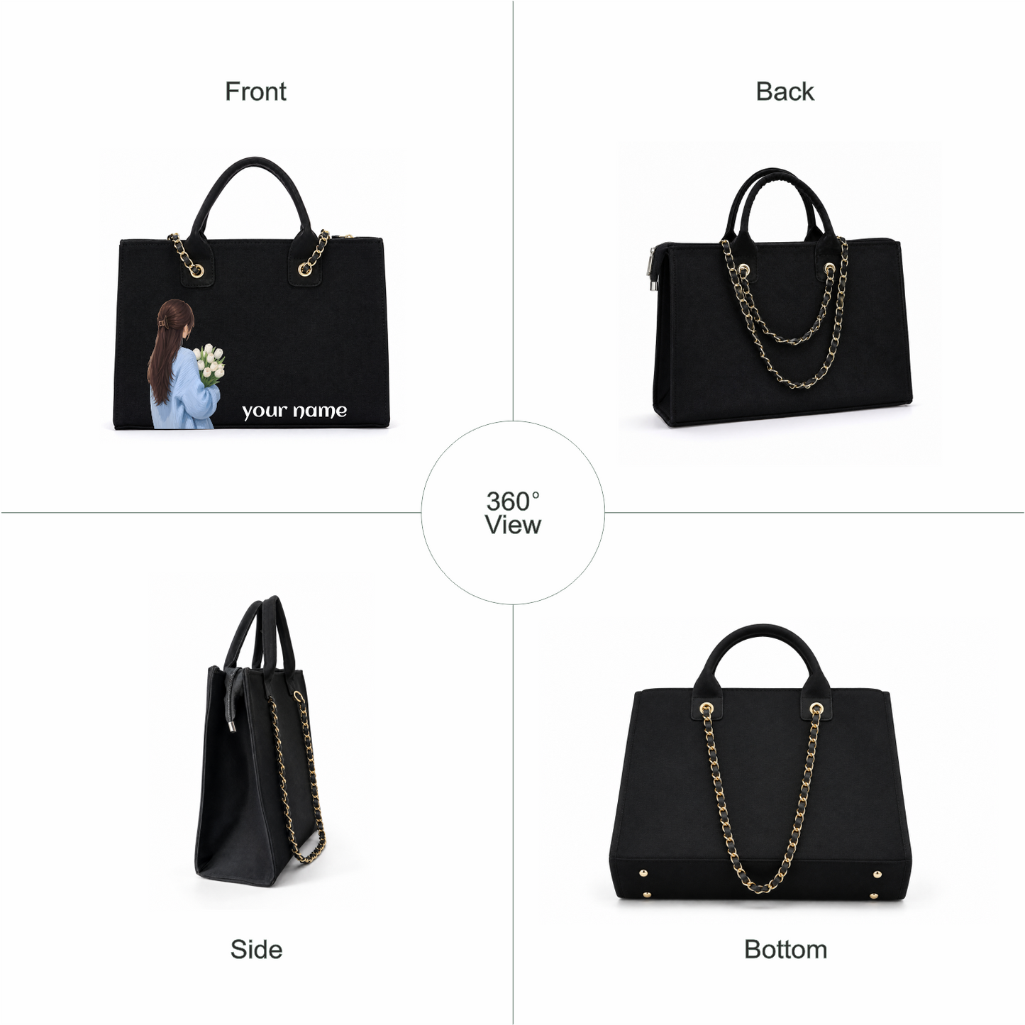Personalized Girl With Flowers Black Tote Bag – Custom Name Handbag