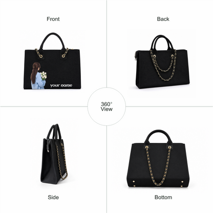 Personalized Girl With Flowers Black Tote Bag – Custom Name Handbag