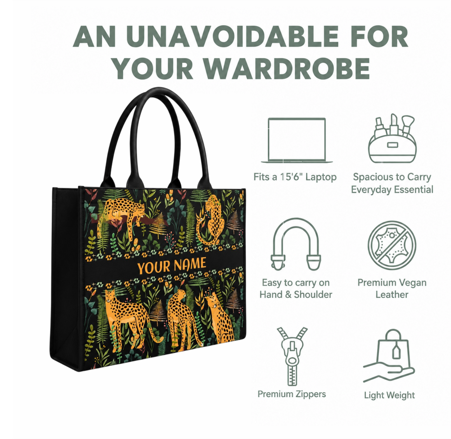Personalized Leopard Jungle Print Women's Tote Bag with Custom Name
