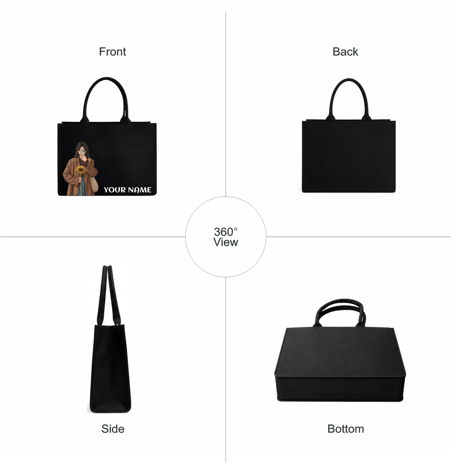 Personalized Black Tote Bag with Custom Name&Girl Illustration