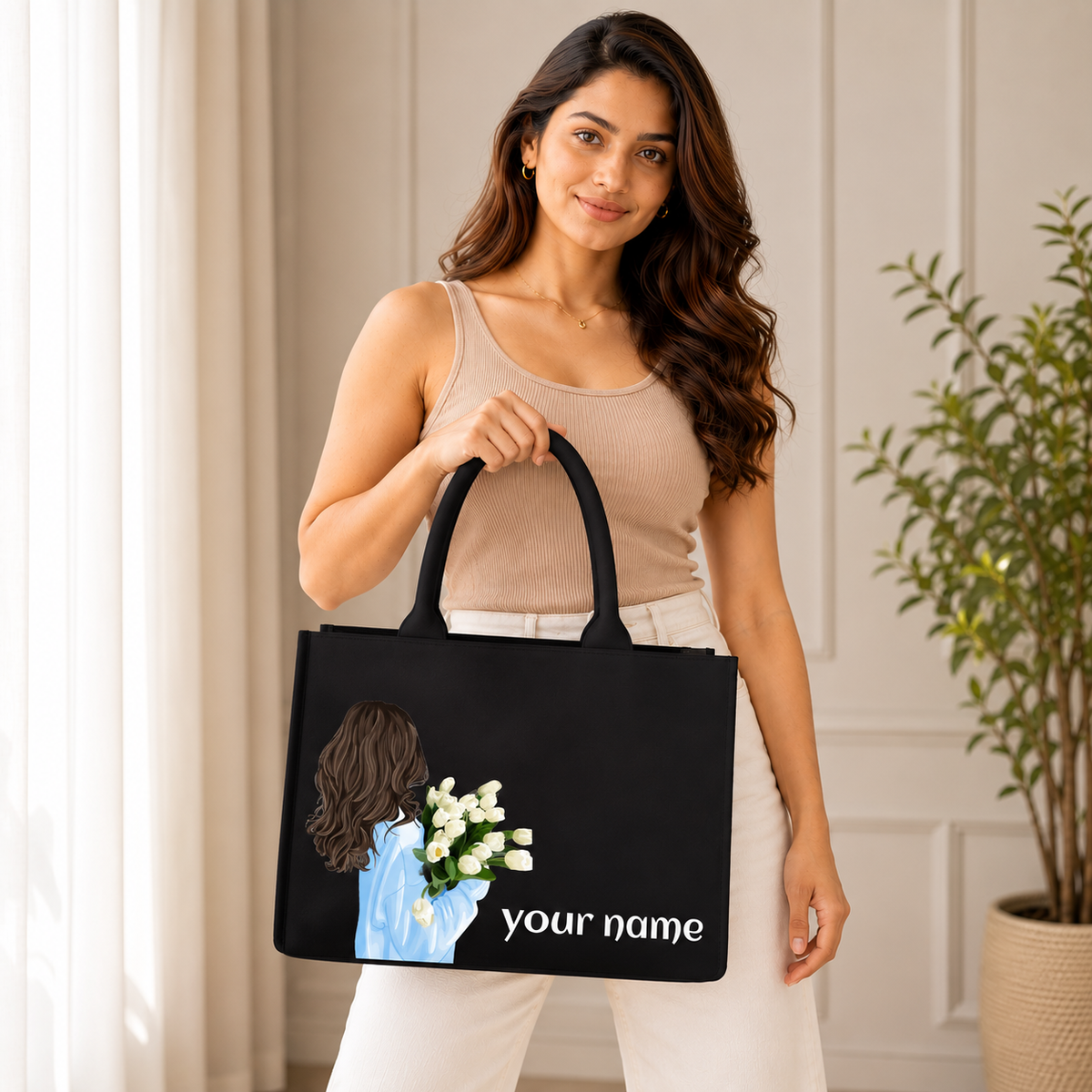 Personalized Black Floral Tote Bag – Custom Name Laptop Handbag