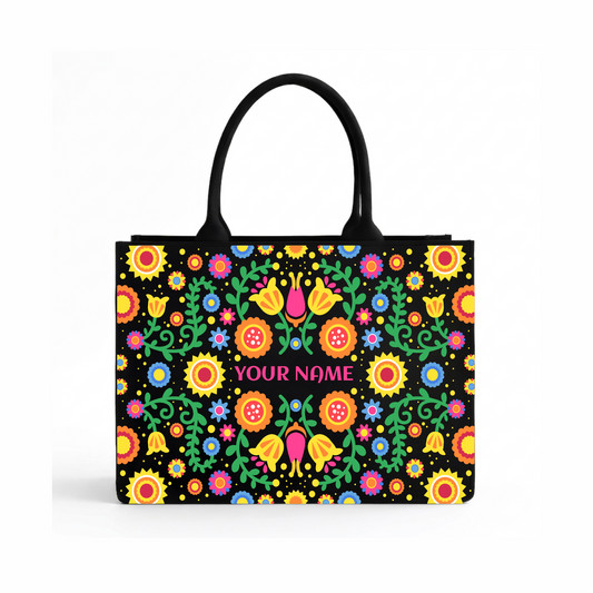 Personalized Folk Floral Tote Bag – Custom Name Ethnic Handbag with Vibrant Boho Print