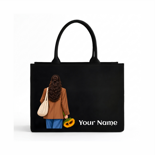 Personalized Black Canvas Tote Bag with Custom Name & Sunflower Design