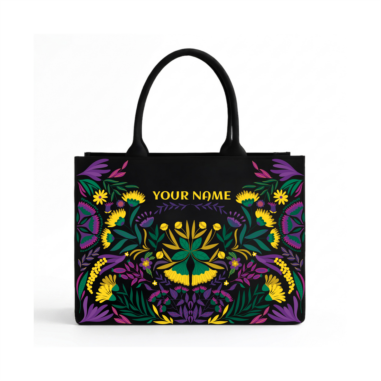 Personalized Black Folk Art Floral Tote Bag – Custom Name Canvas Handbag