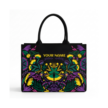 Personalized Black Folk Art Floral Tote Bag – Custom Name Canvas Handbag
