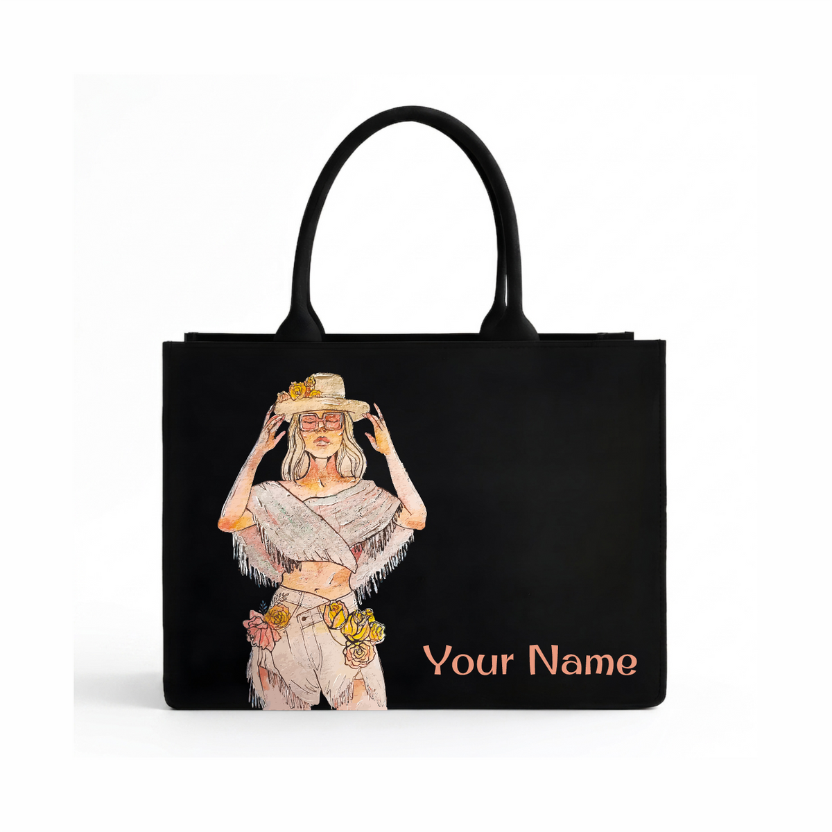 Personalized Fashion Girl Tote Bag – Custom Name DTF Printed Black Laptop Tote Bag