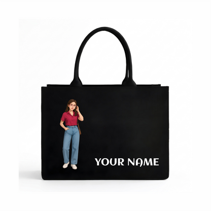 Personalized Cartoon Character Tote Bag with Custom Name | Premium Black Canvas Tote