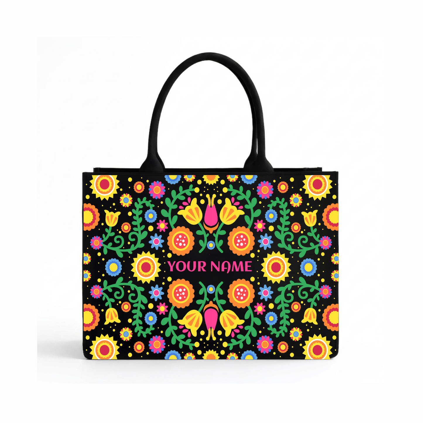Personalized Folk Floral Tote Bag – Custom Name Ethnic Handbag with Vibrant Boho Print