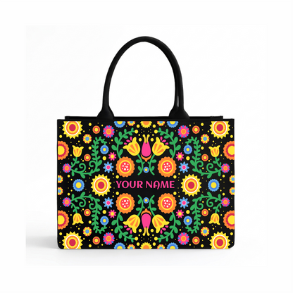 Personalized Folk Floral Tote Bag – Custom Name Ethnic Handbag with Vibrant Boho Print