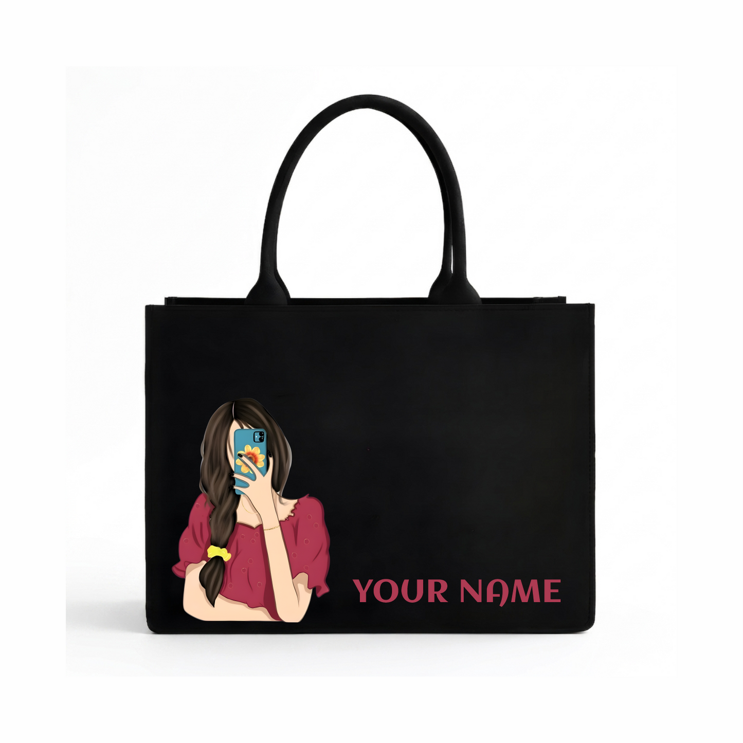 Personalized Selfie Girl Name Black Canvas Tote Bag | Custom Cute Shoulder Bag for Women & Girls