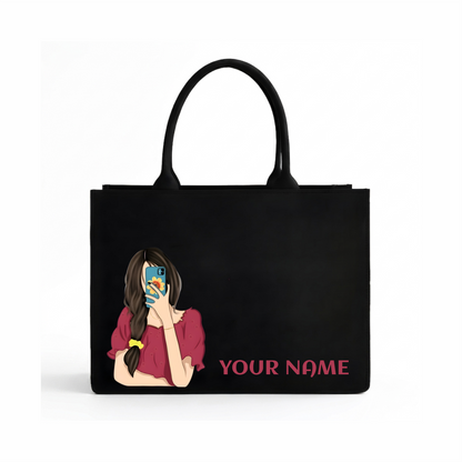 Personalized Selfie Girl Name Black Canvas Tote Bag | Custom Cute Shoulder Bag for Women & Girls