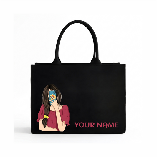 Personalized Selfie Girl Name Black Canvas Tote Bag | Custom Cute Shoulder Bag for Women & Girls