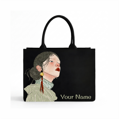 Personalized Women’s Portrait Tote Bag – Custom Name DTF Printed Black Laptop Tote Bag