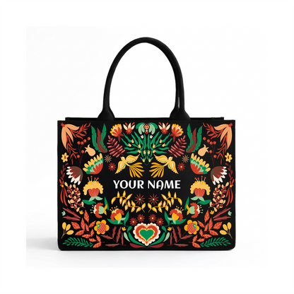 Personalized Folk Art Floral Name Tote Bag – Custom Canvas Handbag for Women