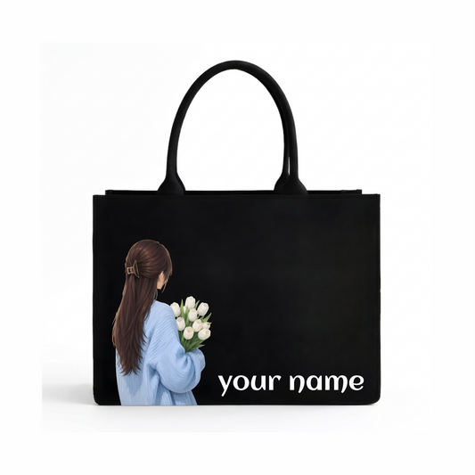 Personalized Girl & Flower Black Tote Bag