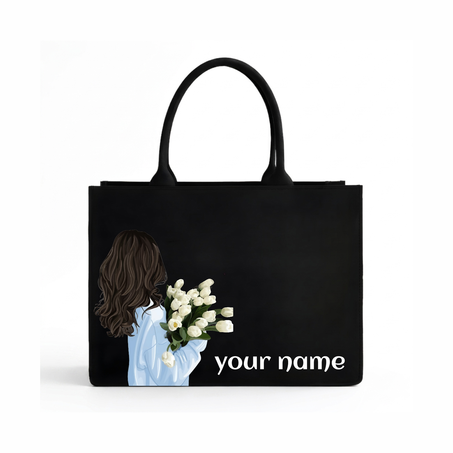 Personalized Black Floral Tote Bag – Custom Name Laptop Handbag