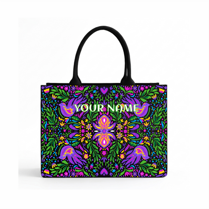 Personalized Purple Folk Art Floral Tote Bag – Custom Name Everyday Handbag