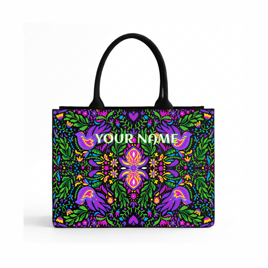 Personalized Purple Folk Art Floral Tote Bag – Custom Name Everyday Handbag