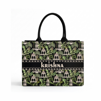 Customized canvas tote bag with personalized name and DTF printed botanical design