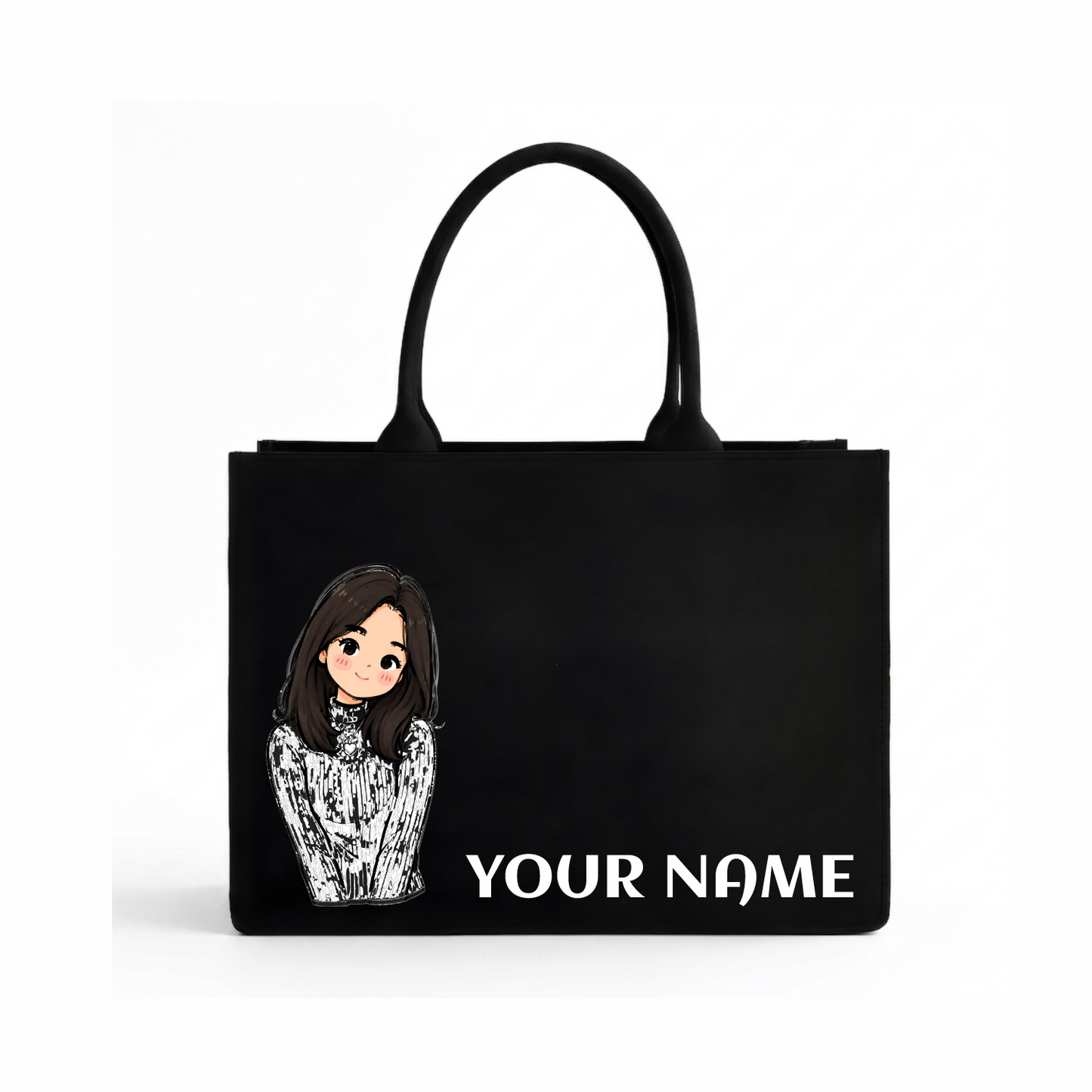 Personalized Cute Girl Name Black Canvas Tote Bag | Custom Aesthetic Shoulder Bag for Women