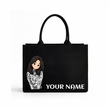 Personalized Cute Girl Name Black Canvas Tote Bag | Custom Aesthetic Shoulder Bag for Women