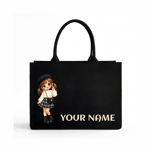 Personalized Cute Girl Tote Bag with Custom Name | Premium Black Canvas Tote for Women