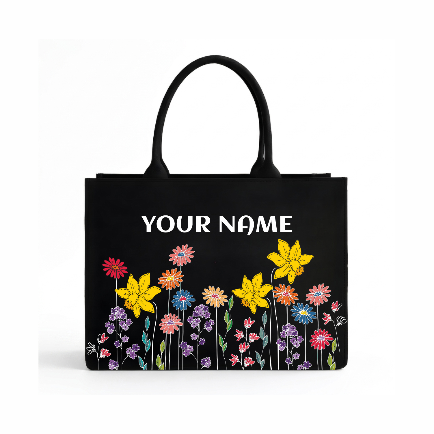 Personalized Floral Name Tote Bag for Women – Premium Black Vegan Leather Shoulder Tote