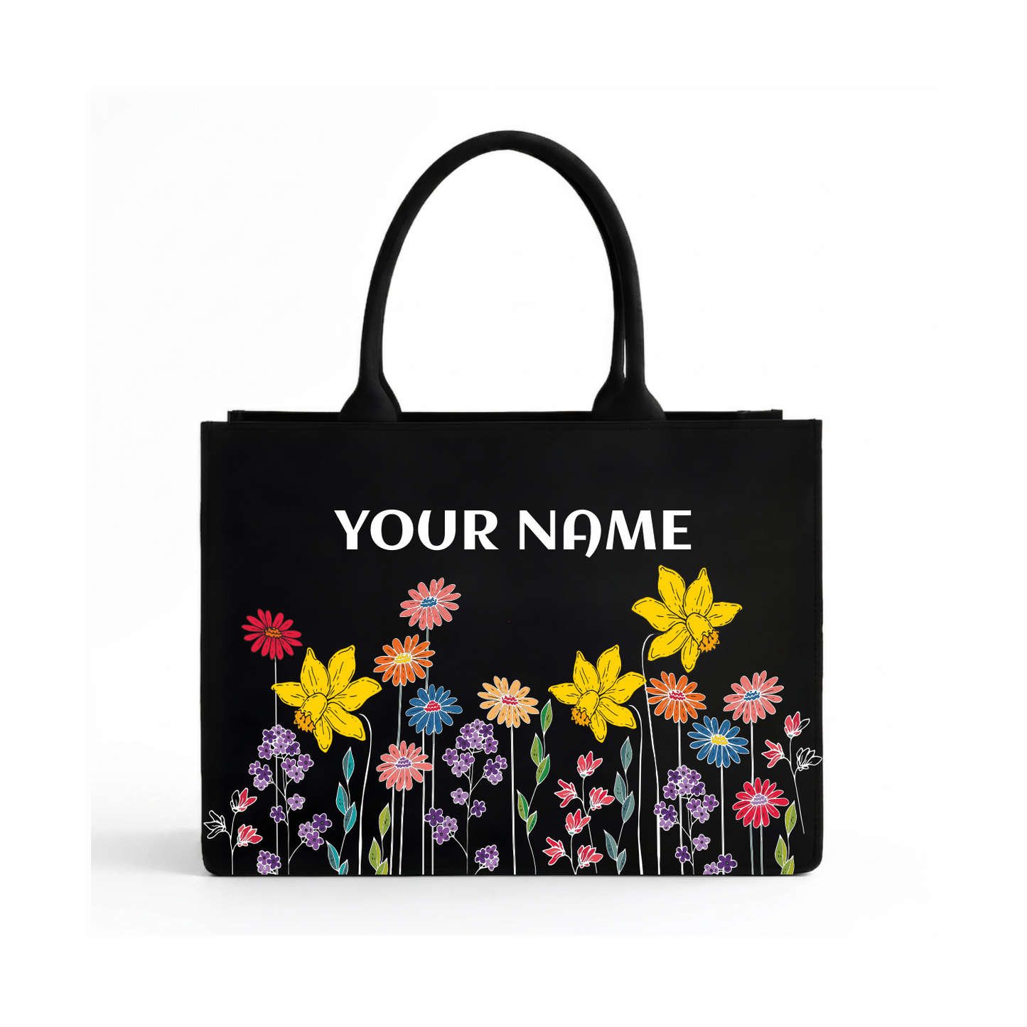 Personalized Floral Name Tote Bag for Women – Premium Black Vegan Leather Shoulder Tote