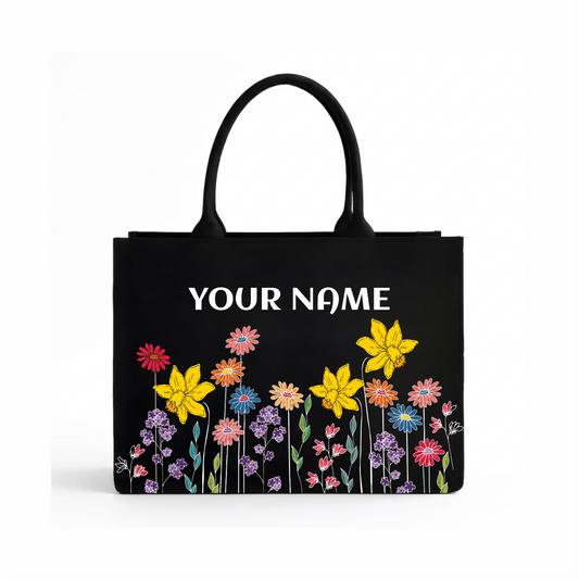 Personalized Floral Name Tote Bag for Women – Premium Black Vegan Leather Shoulder Tote