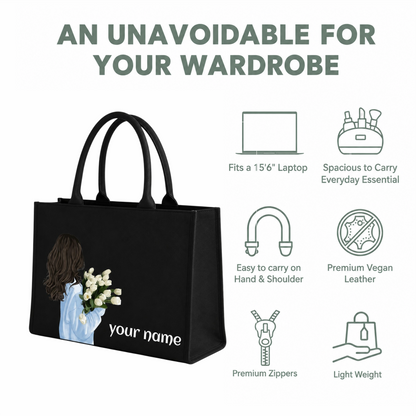 Personalized Black Floral Tote Bag – Custom Name Laptop Handbag