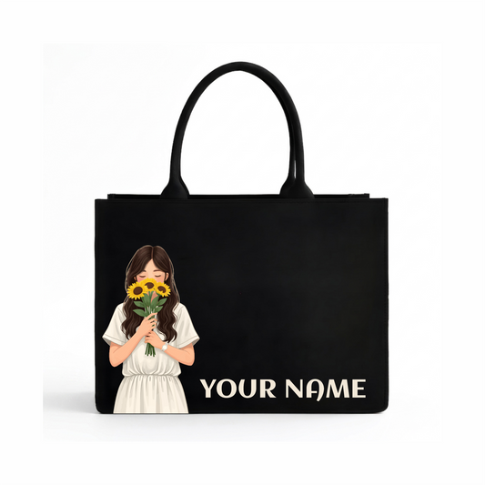 Personalized Women's Black Tote Bag with Custom Name & Girl Print