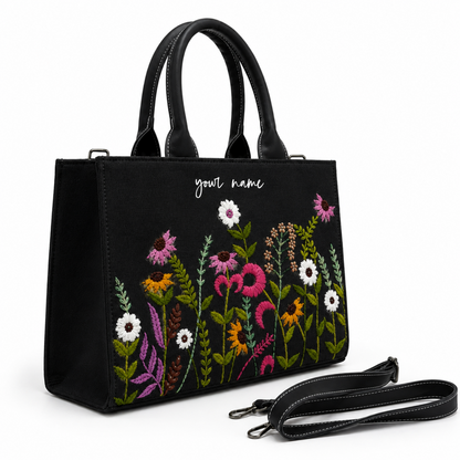 Personalized Black Floral Embroidered Tote Bag