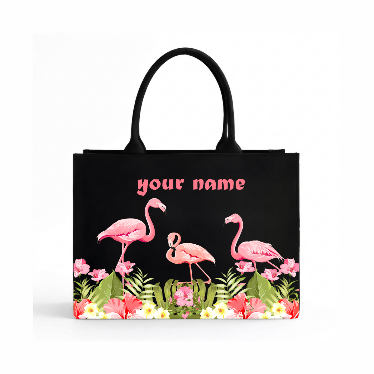 Personalized In Valtro Flamingo Print Tote Bag for Women | Spacious Black canvas matty Handbag