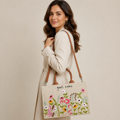 Personalized Floral Embroidered Canvas Office Tote Bag