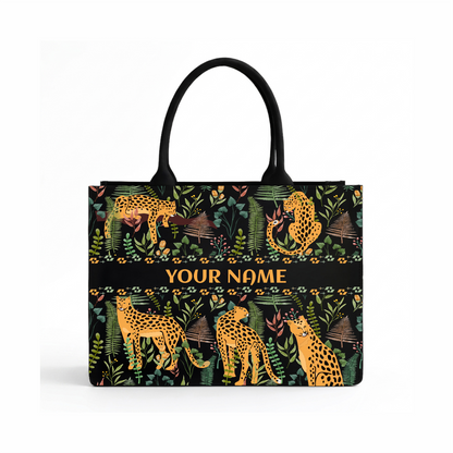 Personalized Leopard Jungle Print Women's Tote Bag with Custom Name