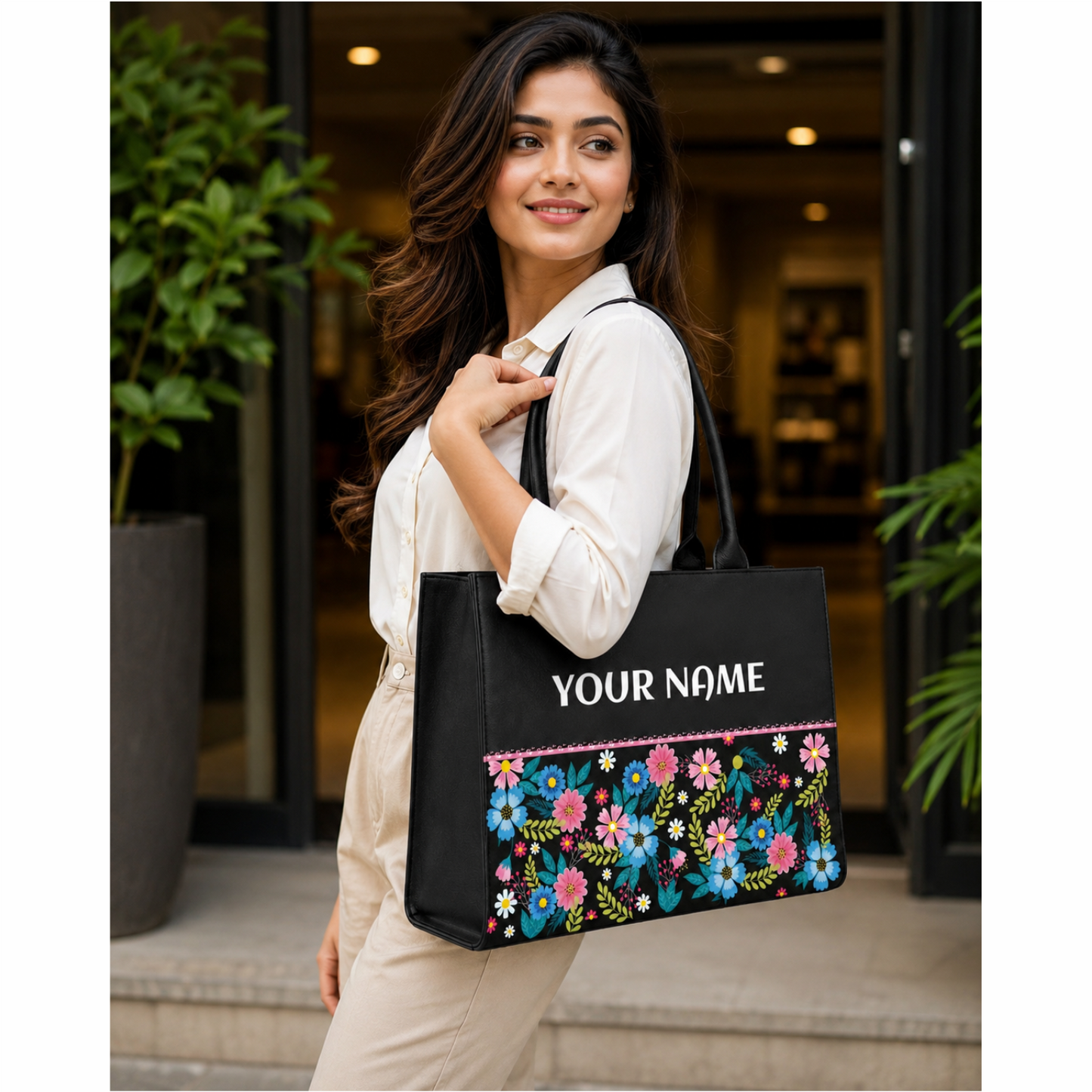 Personalized Floral Name Tote Bag for Women