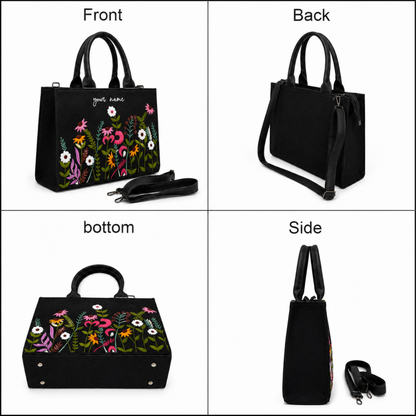 Personalized Black Floral Embroidered Tote Bag