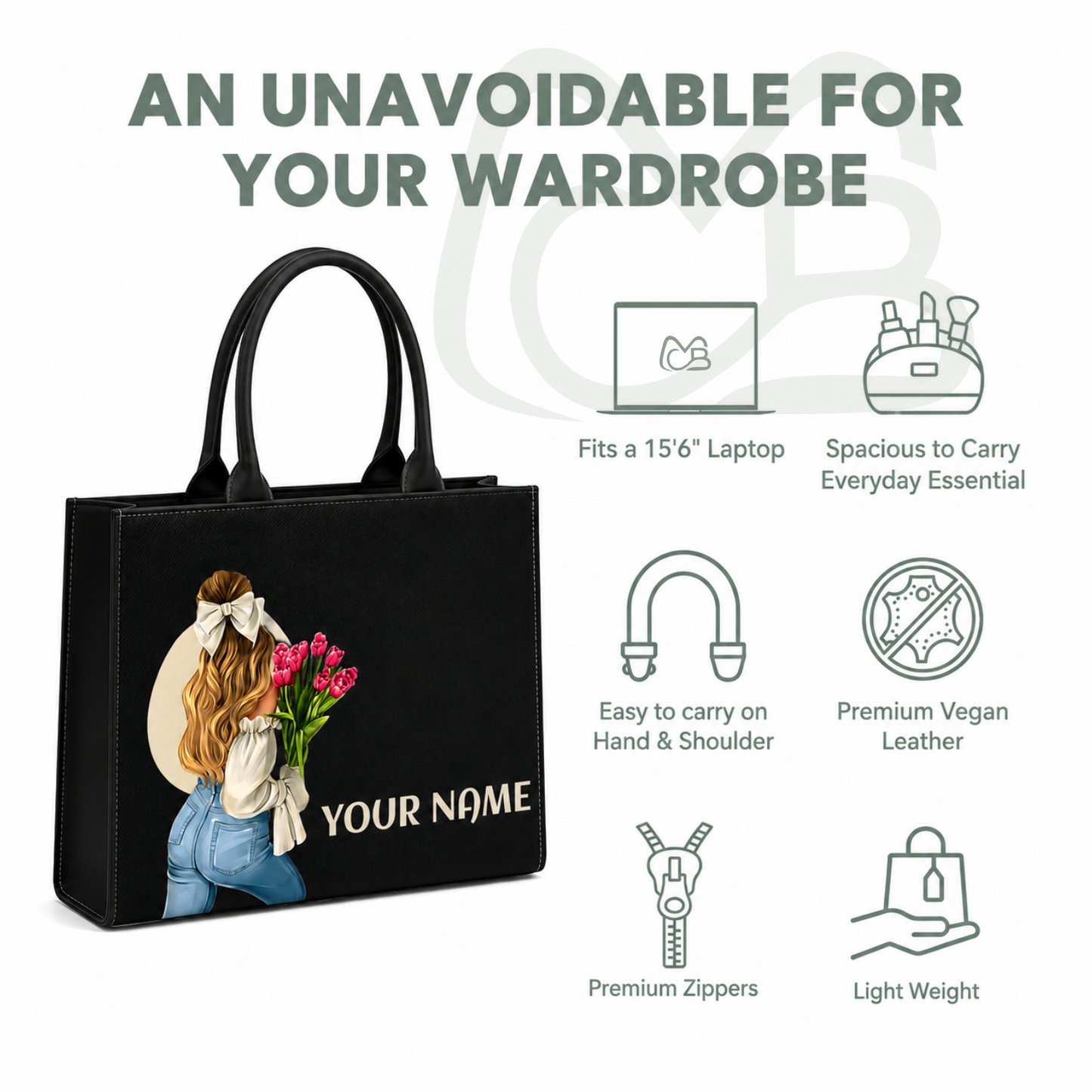 Personalized Cute Girl Tote Bag with Custom Name | Premium Black Canvas Tote for Women