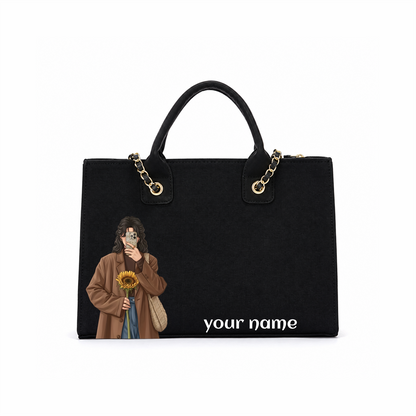 Personalized Black Canvas Laptop Tote Bag with Chain Handle