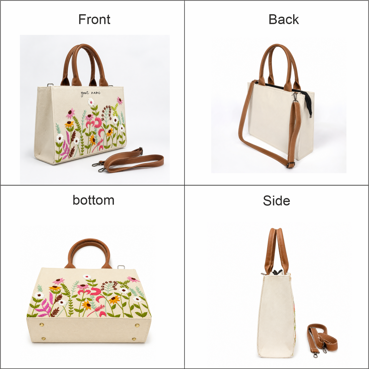 Personalized Floral Embroidered Canvas Office Tote Bag