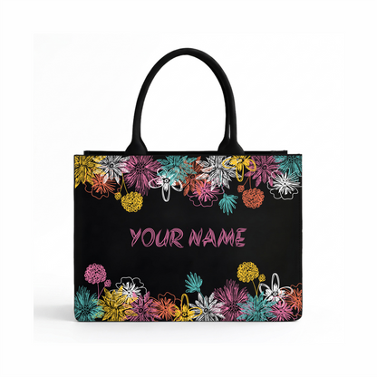 Personalized Floral Black Tote Bag – Custom Name Gift for Women
