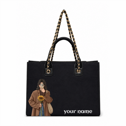 Personalized Black Canvas Laptop Tote Bag with Chain Handle